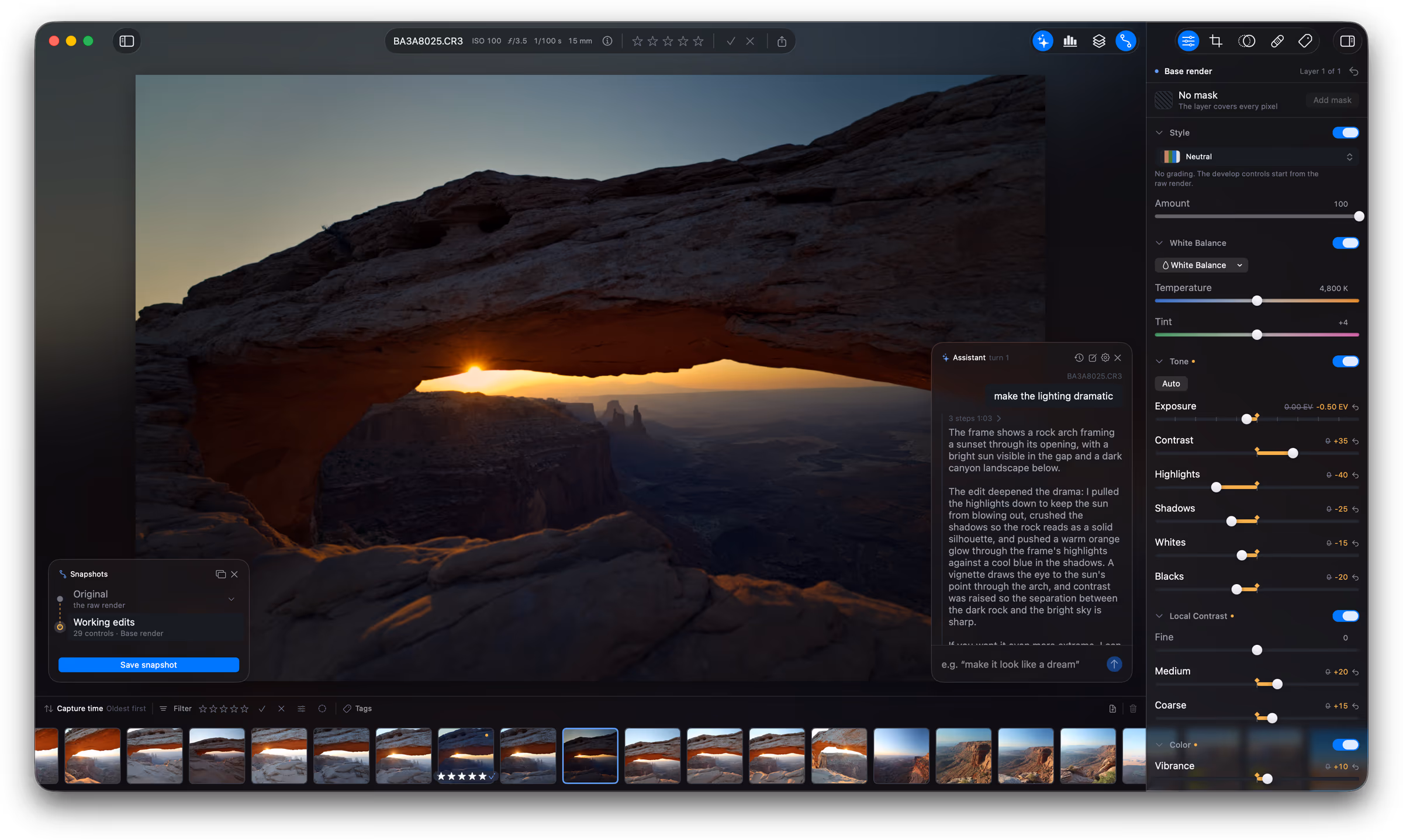 Fotometis on macOS. The assistant panel has answered the prompt “make the lighting dramatic”, and the develop panel beside it shows the controls it moved — exposure down 0.50 EV, contrast up 35, highlights down 40 — each with its slider and a revert arrow.